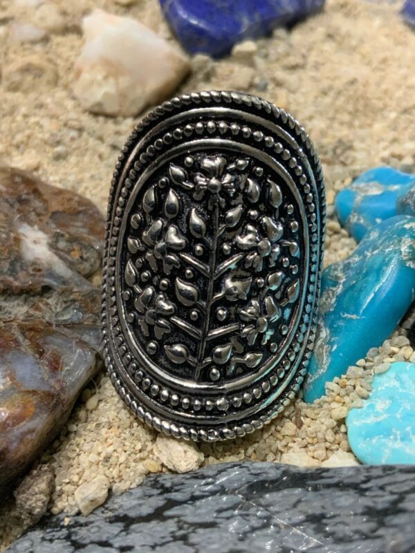 Detailed silver jewelry surrounded by stones