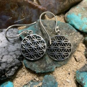 Silver earrings on textured stone background