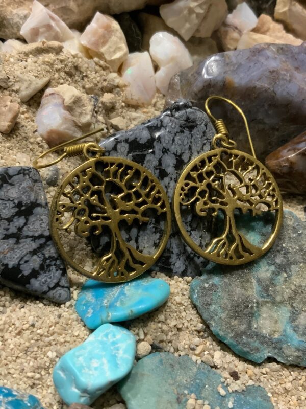 Brass tree earrings with colorful stones