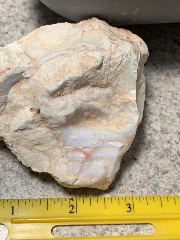 Rough opal rock with ruler for scale