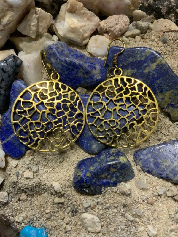 Intricate circle earrings on rocky surface.