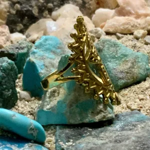 Intricate ring atop blue rocks